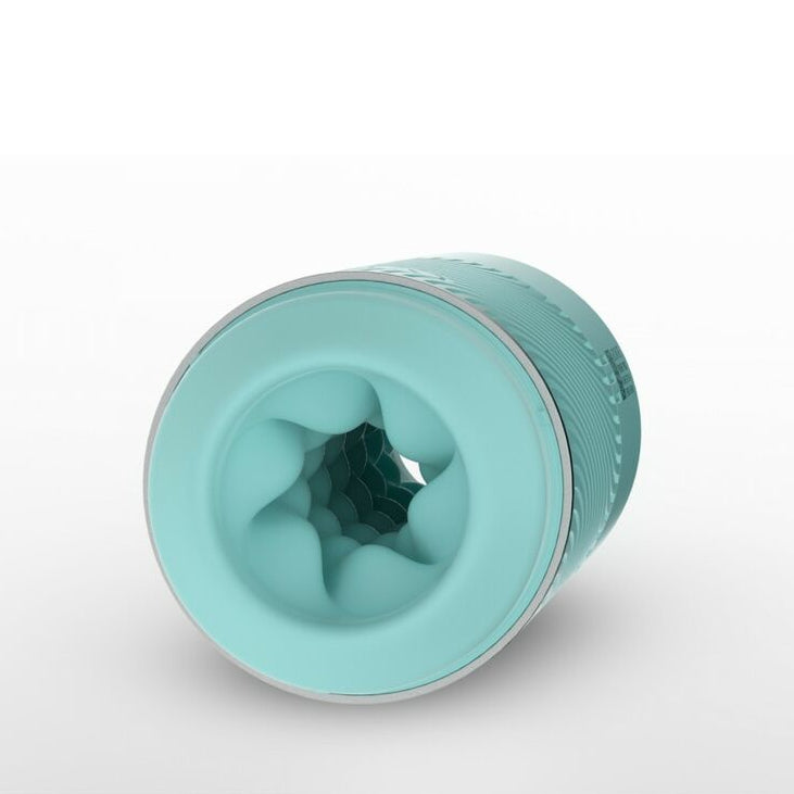 Turquoise cylindrical pleasure toy for menon a white background