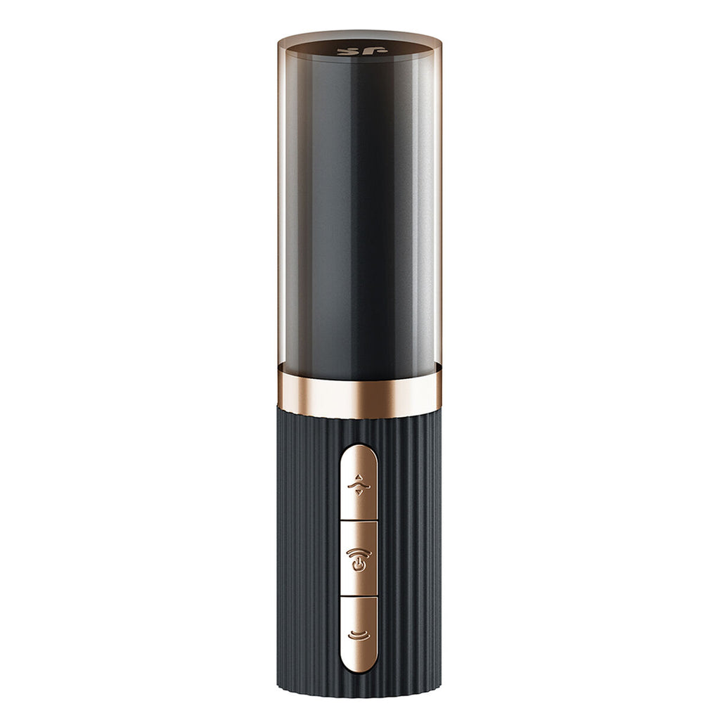 Black and rose gold Satisfyer Deep Kiss clitoral stimulator with elegant lipstick design on a white background