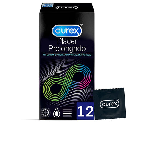 Durex Placer Prolongado prolonged pleasure condoms packaging with a single condom on a white background