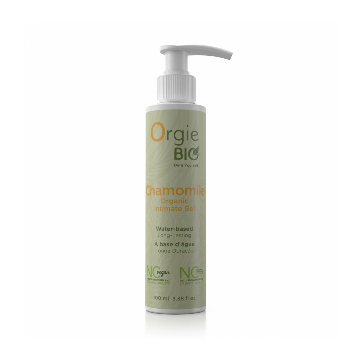 Bottle of Orgie Bio Chamomile organic personal lubricant on a white background