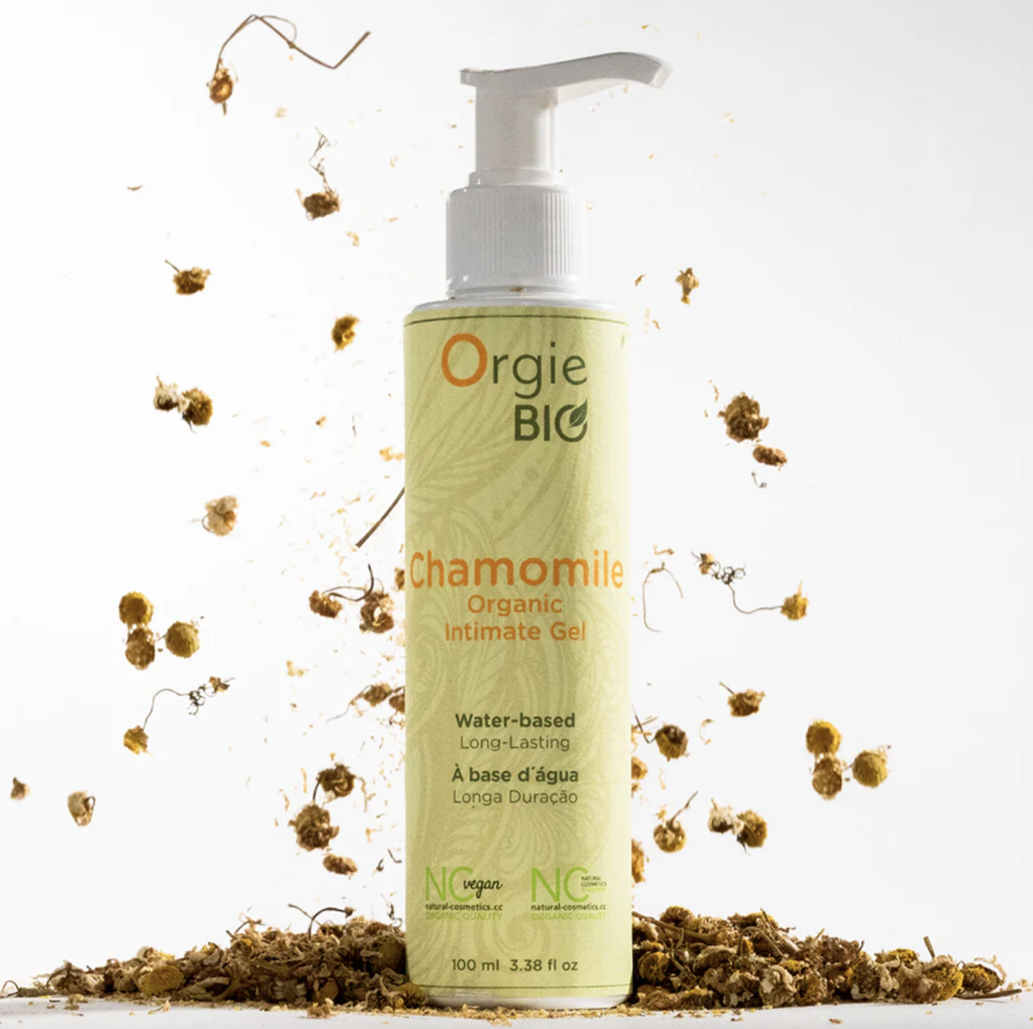 Orgie Bio chamomile organic intimate gel bottle with aloe vera leaves on a white background
