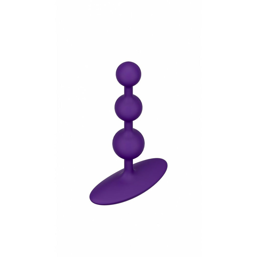 Purple silicone anal beads with three spherical sections on a white background