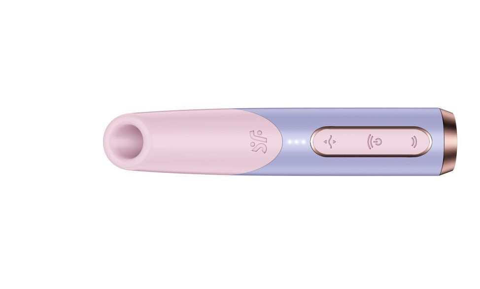 Pink and purple sexual wellness device on a white background