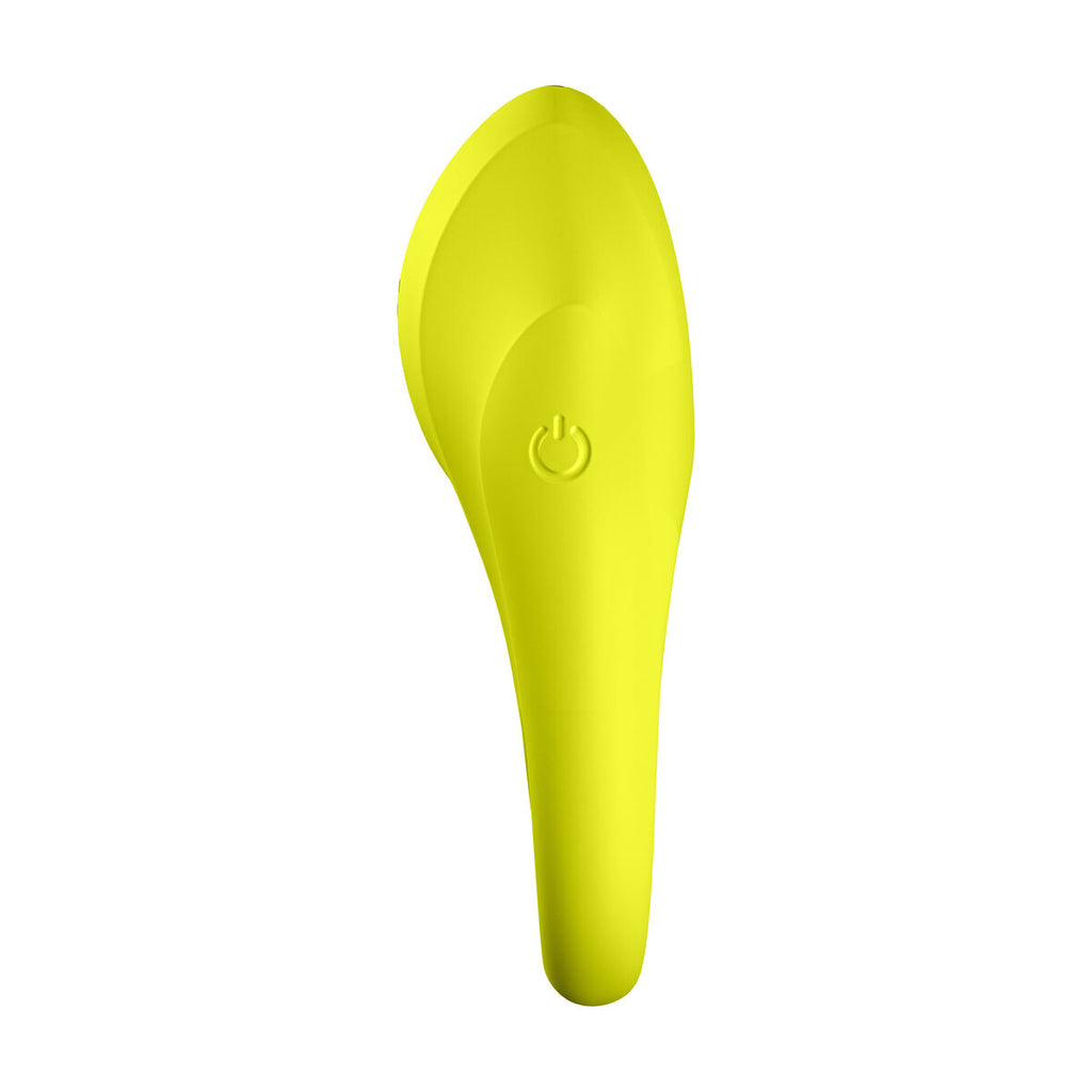 Satisfyer vibrating Cock Ring Duo Yellow vibration power button on white background