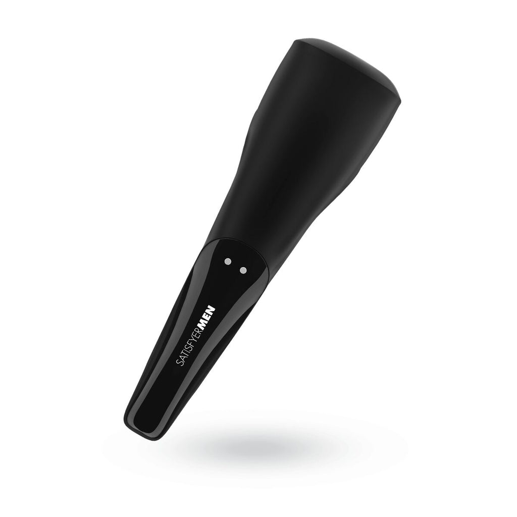 black Satisfyer Men Wand vibrating male stimulator with magnetic recharging on white background