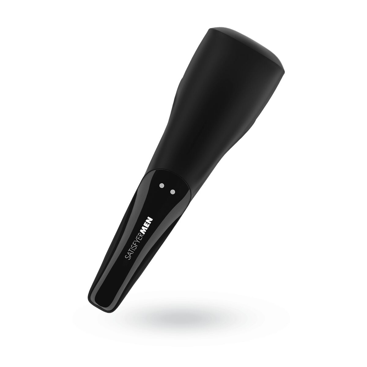 black Satisfyer Men Wand vibrating male stimulator with magnetic recharging on white background