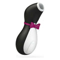 Black and white Satisfyer Penguin air pulse clitoris stimulator with a pink bow on a white background