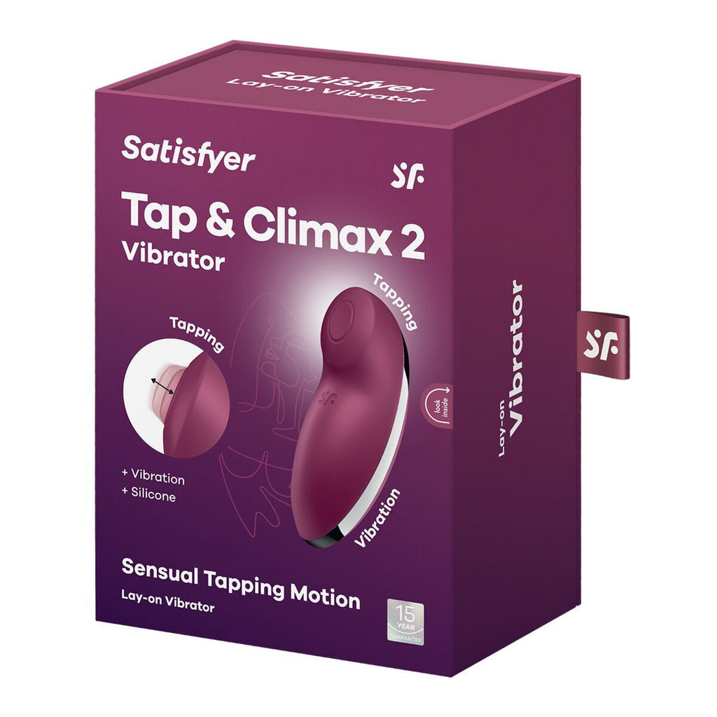 packaging of Purple packaging of Satisfyer Tap & Climax 2 Vibrator for women with sensual tapping motion on a white background