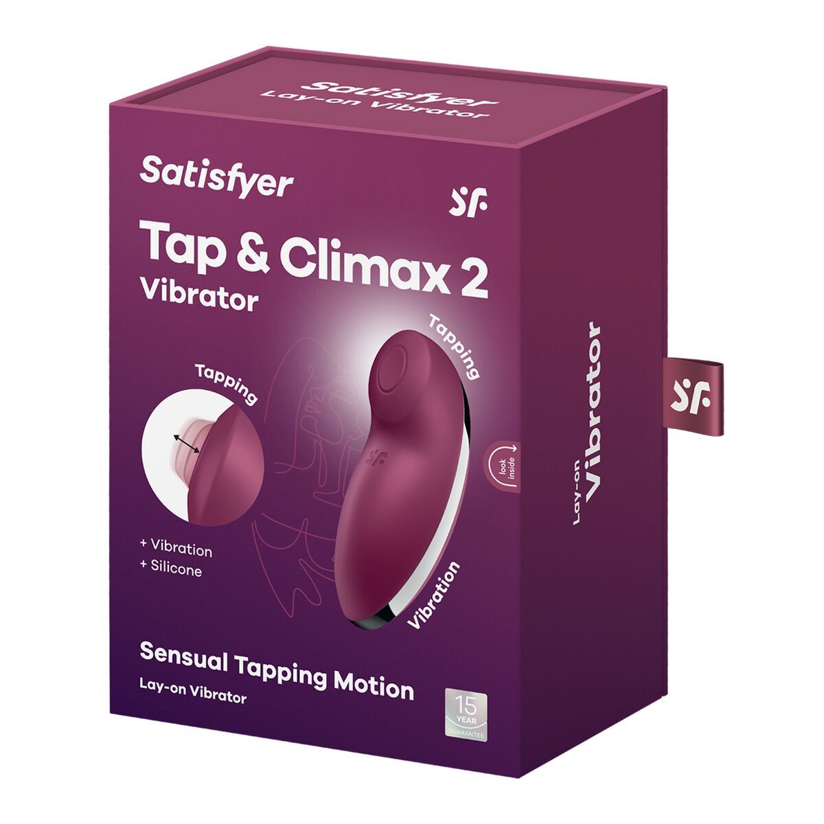 packaging of Purple packaging of Satisfyer Tap & Climax 2 Vibrator for women with sensual tapping motion on a white background