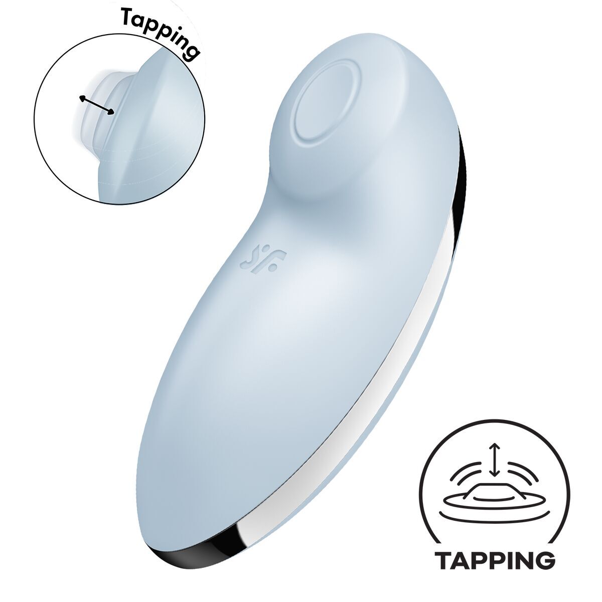blue sexual wellness device with 'Tapping' feature illustration on a white background