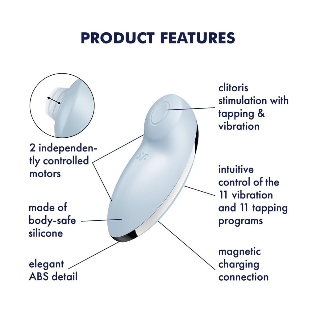 Product features diagram of a Satisfyer Tap & Climax 2 clitoral vibrator with tapping function with text labels on a white background