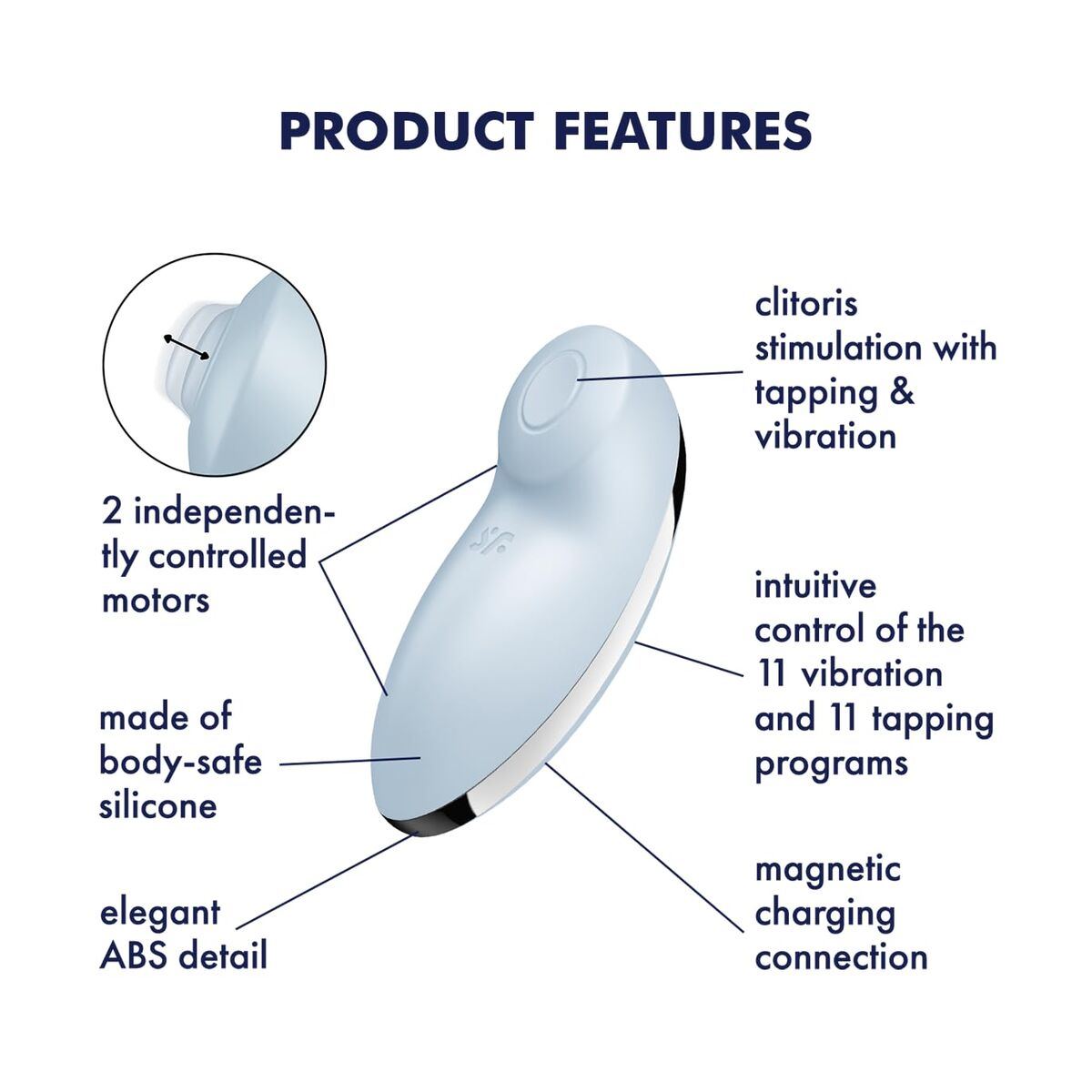 Product features diagram of a Satisfyer Tap & Climax 2 clitoral vibrator with tapping function with text labels on a white background