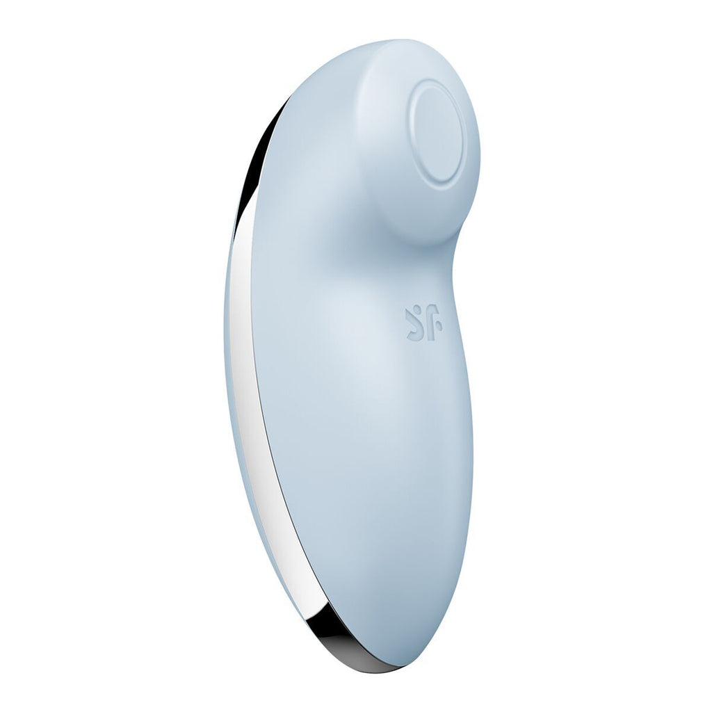Light blue lay-on vibrator for women with a silver accent on a white background