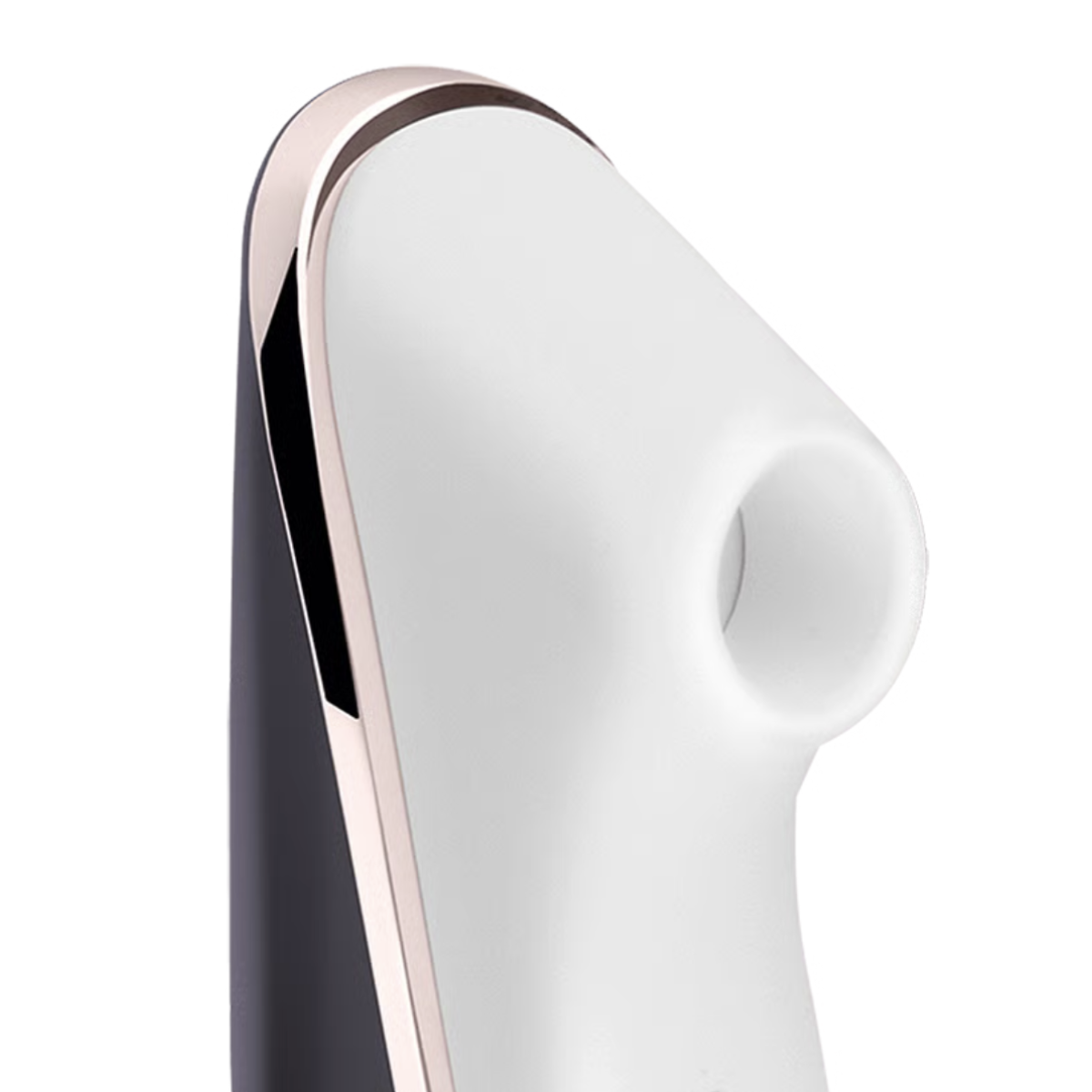 Close-up of a white sexual wellness device with a rose gold accent on a white background