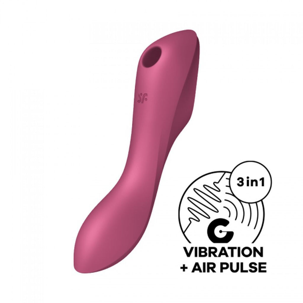 Pink Curved G-spot vibrator with clitoral air pulse stimulation device with '3in1' vibration and air pulse features on a white background