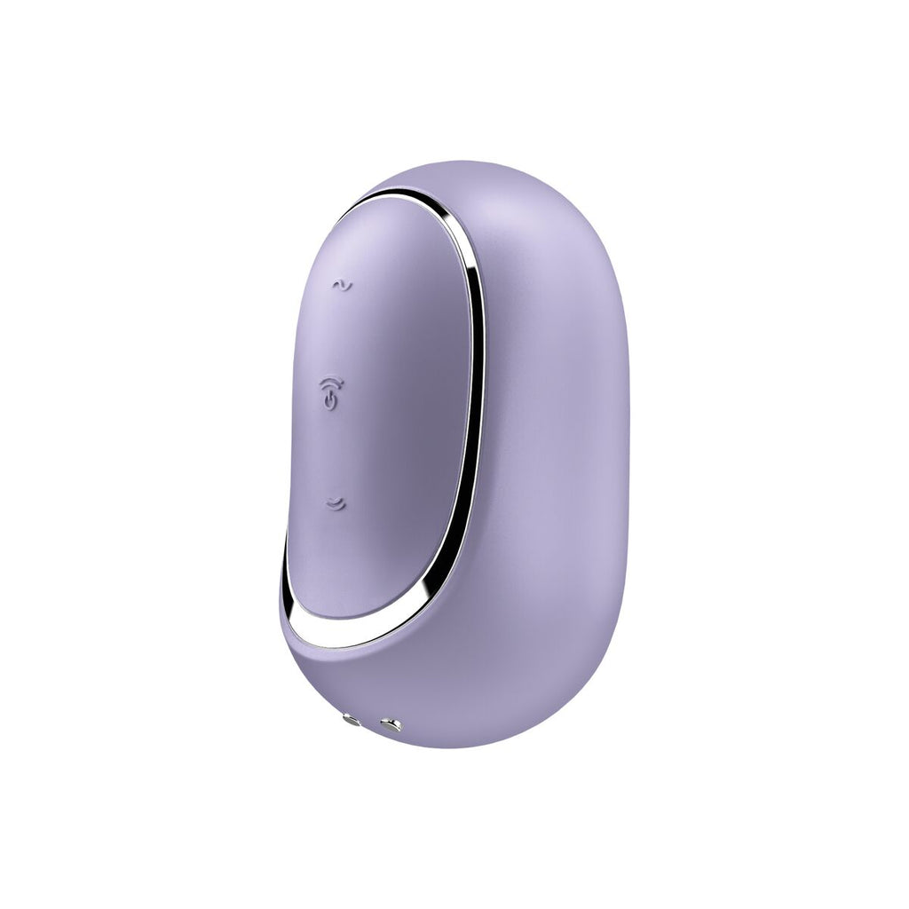 Purple Satisfyer air pulse clitoral vibrator device with silver accents on a white background