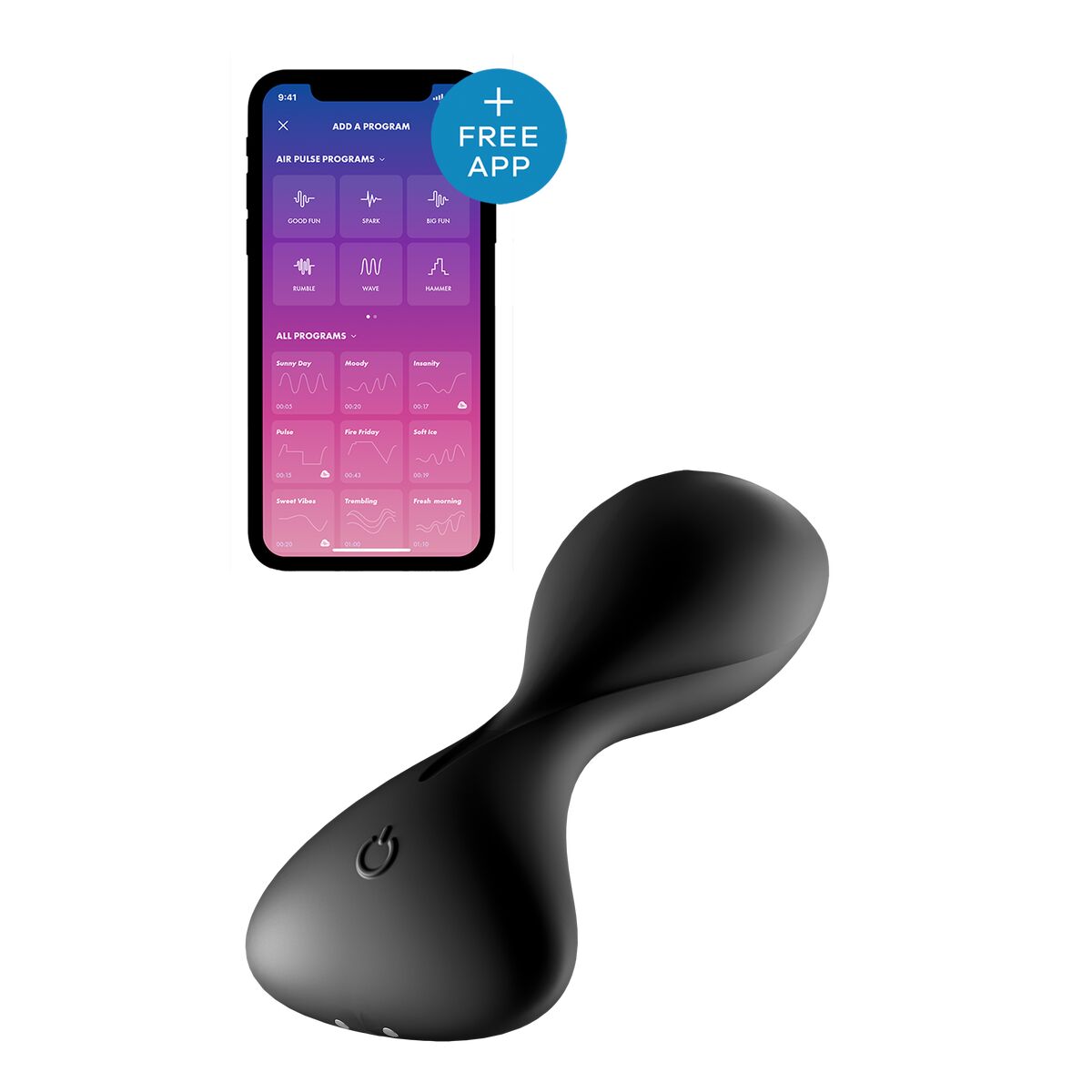Black Satisfyer butt plug vibrator with smartphone displaying app interface on a white background