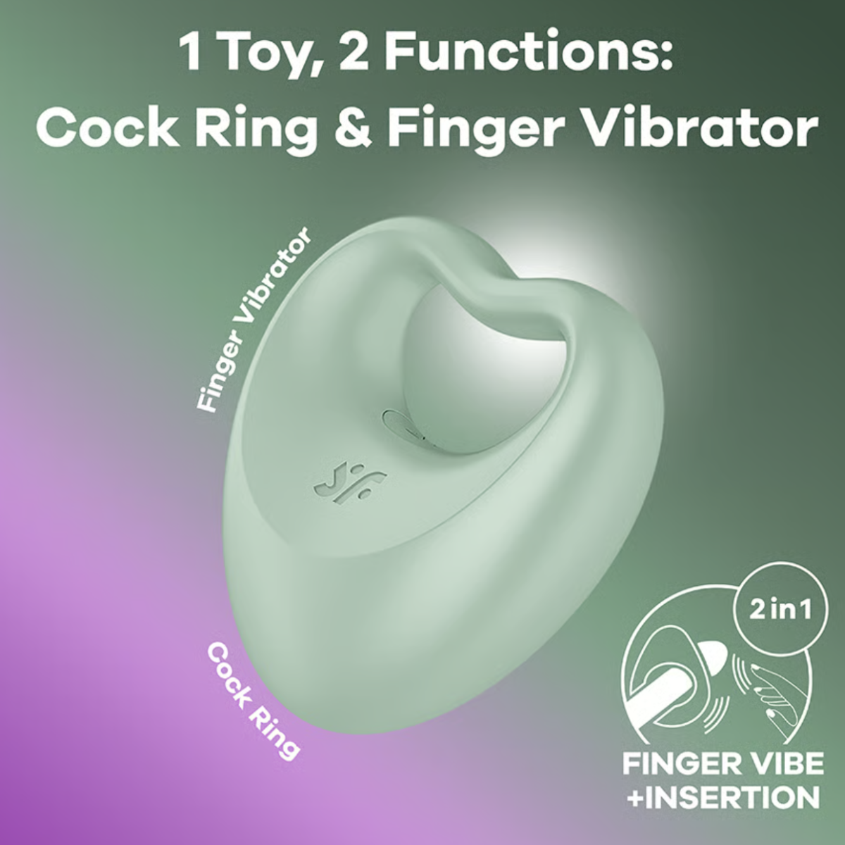 Green silicone cock ring with finger vibrator labeled on a gradient purple and green background