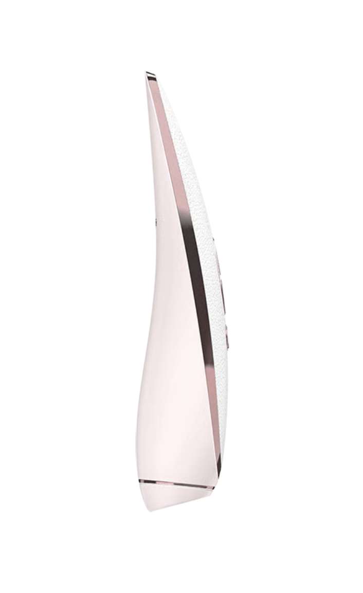 side view of pink Satisfyer Prêt-à-porter luxury air pulse clitoral stimulator with rose gold detail on a white background