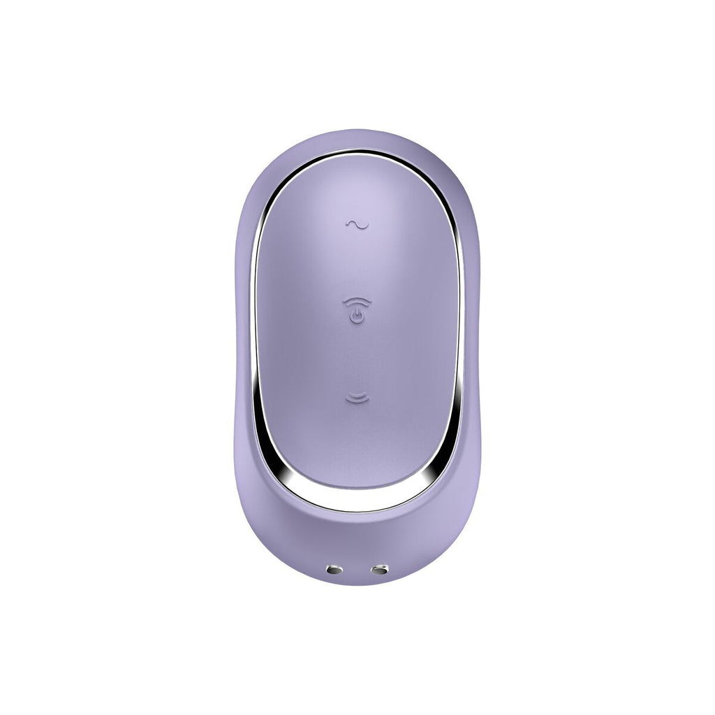 Purple Satisfyer air pulse clitoral vibrator device with a silver rim on a white background