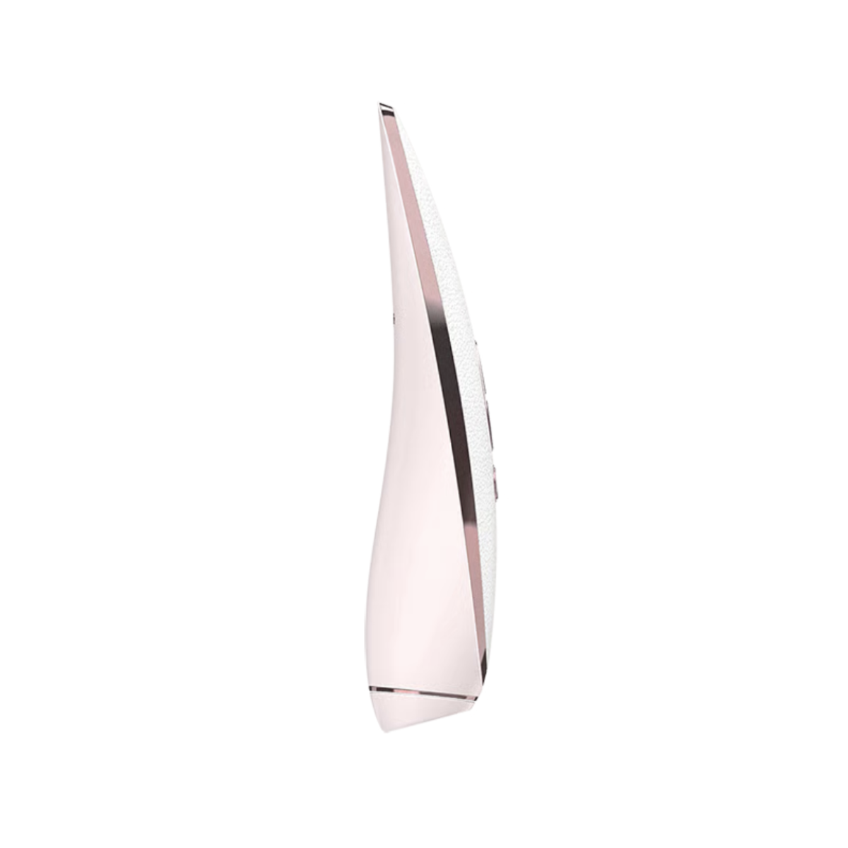side view of pink Satisfyer Prêt-à-porter luxury air pulse clitoral stimulator with rose gold detail on a white background