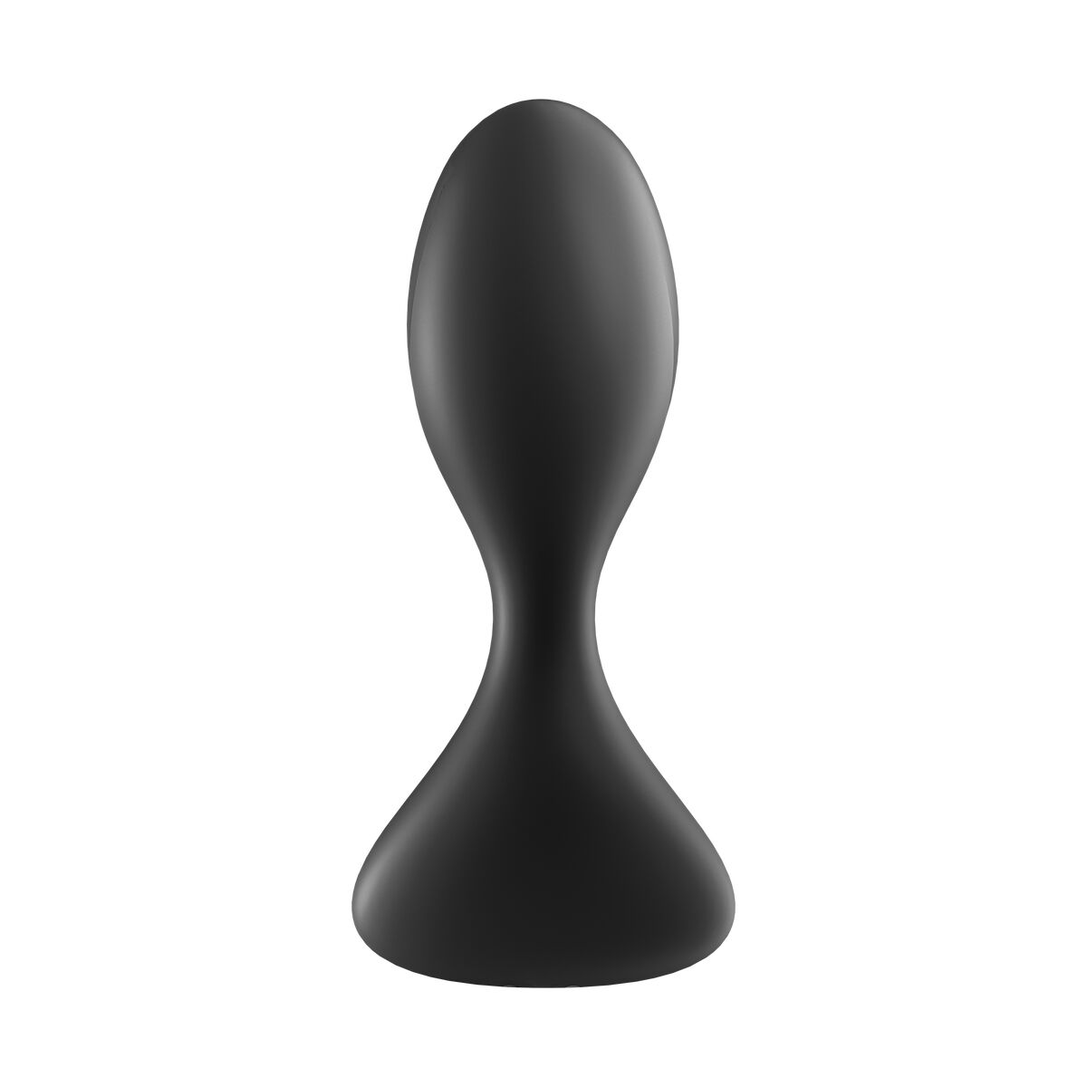 Black silicone butt plug on a white background