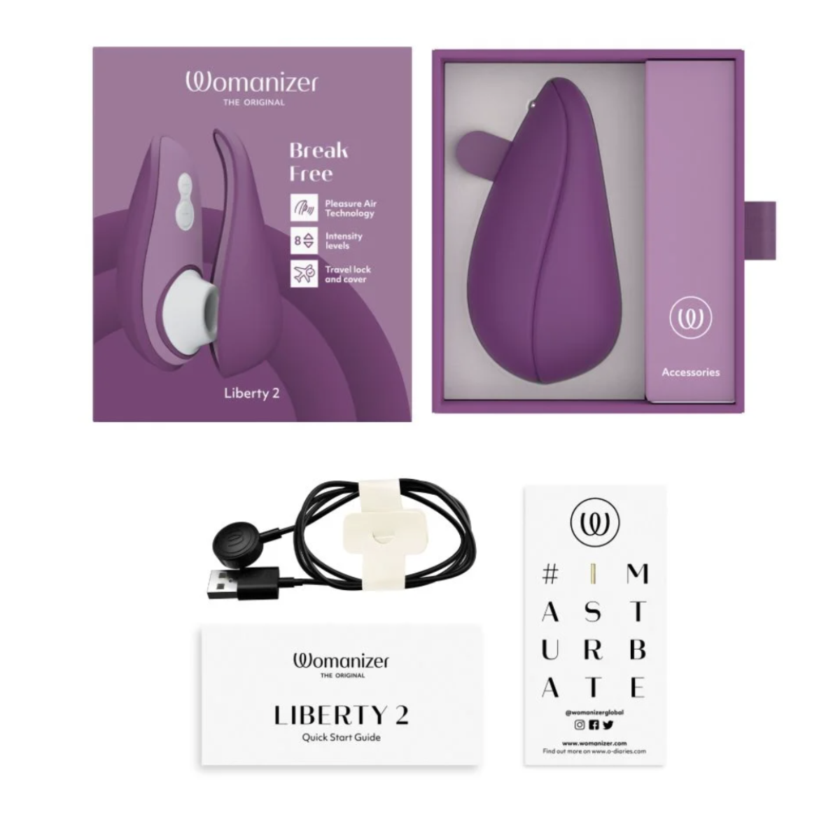 Womanizer Liberty 2 clitoral stimulator product with packaging, USB cable, and quick start guide on a white background