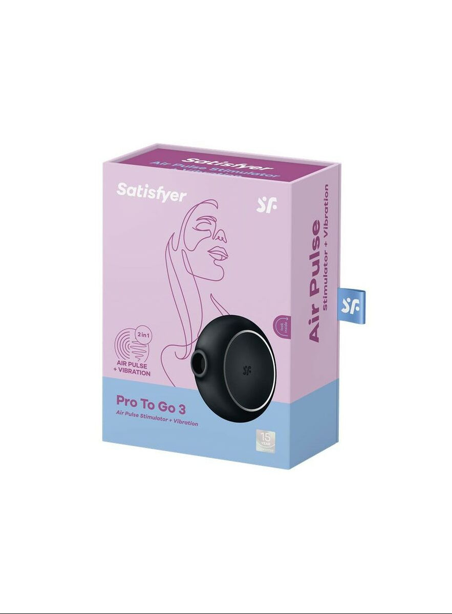 black Satisfyer Air Pulse Pro To Go 3 suction vibrator packaging on a white background