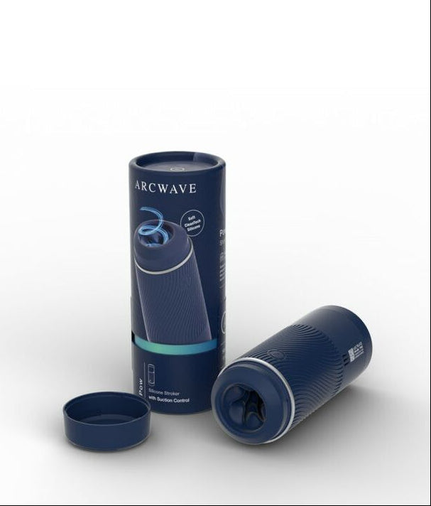 Blue male stroker and its packaging on a white background