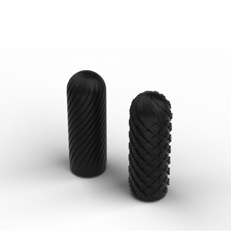 Two black textured Arcwave Ghost reversible male stroker made from soft silicone on a white background