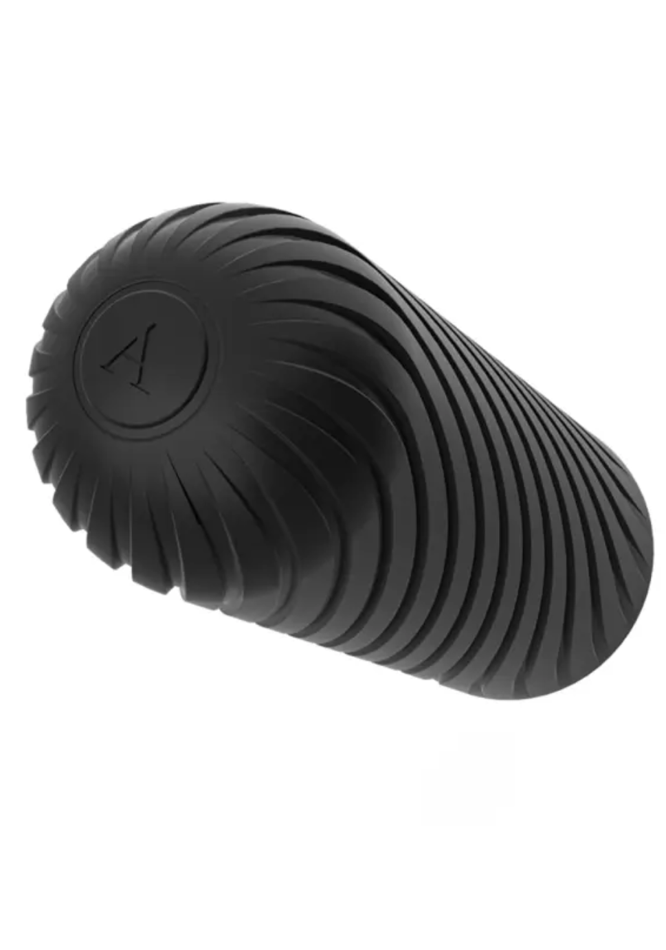 Black ribbed cylindrical massage roller on a white background