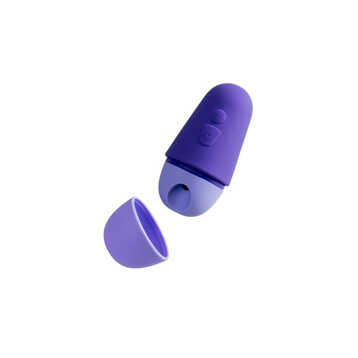 Purple silicone sex toy with a button on a white background