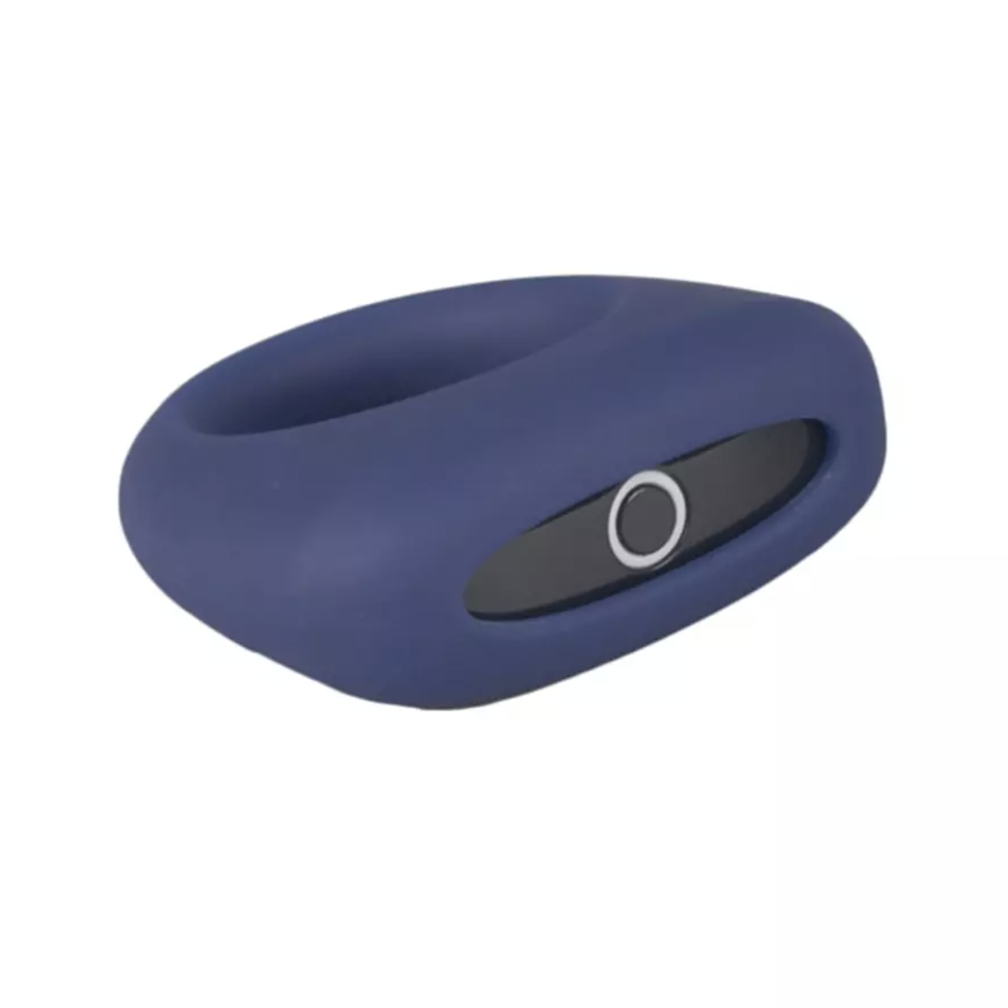 Blue silicone penis ring with a button on a white background