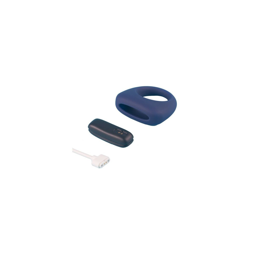 Navy blue electronic pleasure device with a cable on a white background