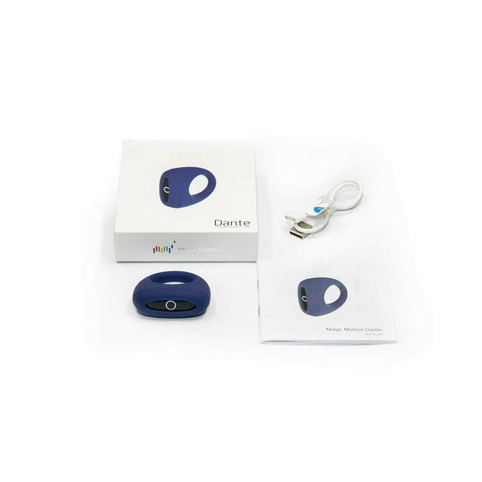 Blue rechargeable adult toy with charging case and erotic product manual on a white background