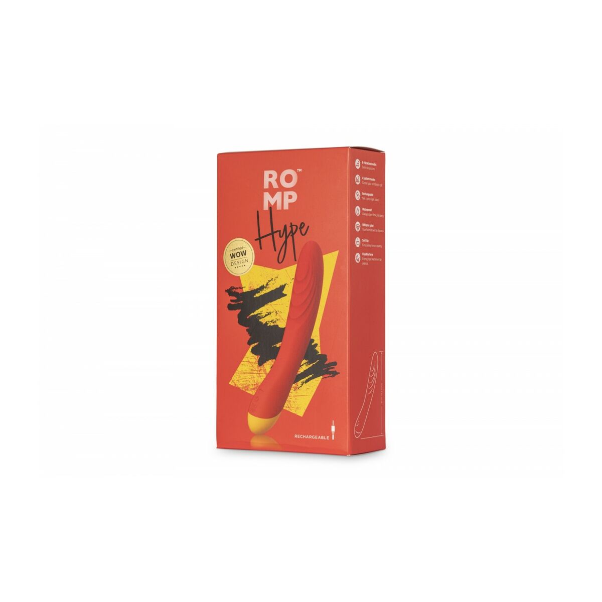 Red packaging of 'ROMP Hype' red vibrator with a yellow and black design on a white background
