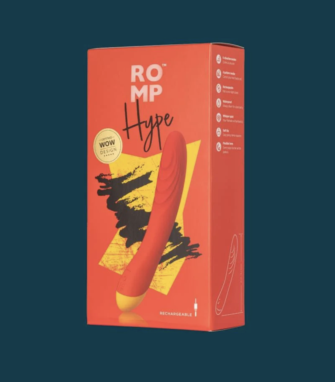 Red packaging of 'ROMP Hype' red vibrator with a yellow and black design on a white background
