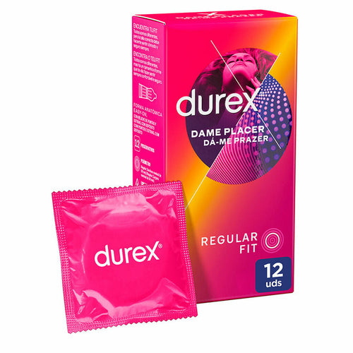 Durex PLeasuremax packaging with a pink condom packet and box for discreet online purchase on a white background