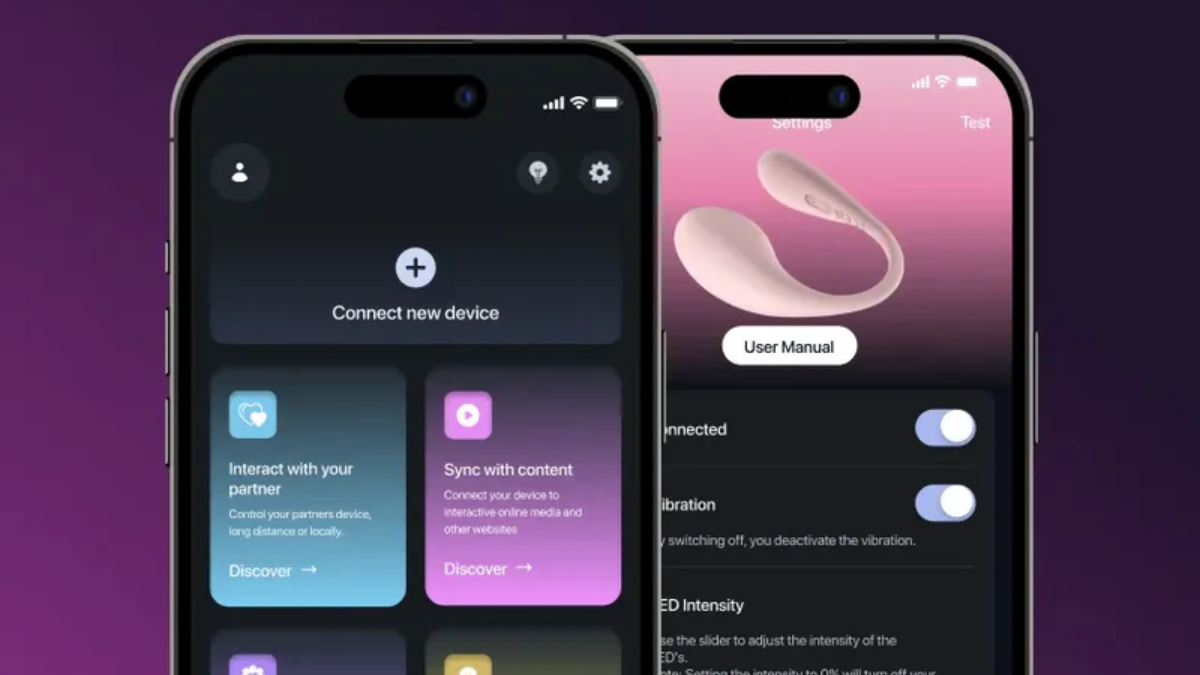 Two smartphones displaying feelconnect sexual wellness app interfaces on a purple background