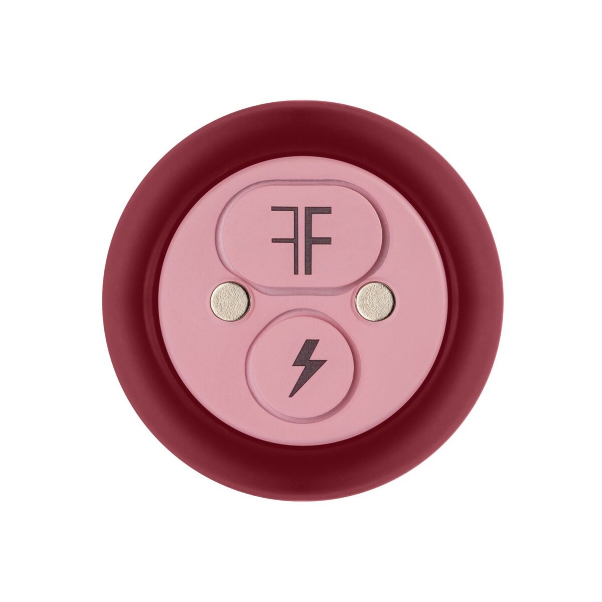Round device with pink center buttons and red border on a white background