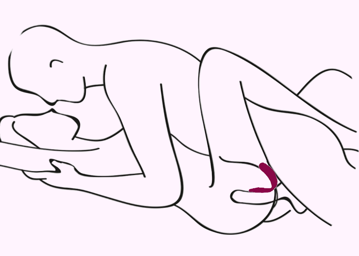 Line drawing of a person lying on their side with a heart symbol showing how to use couples adult toys