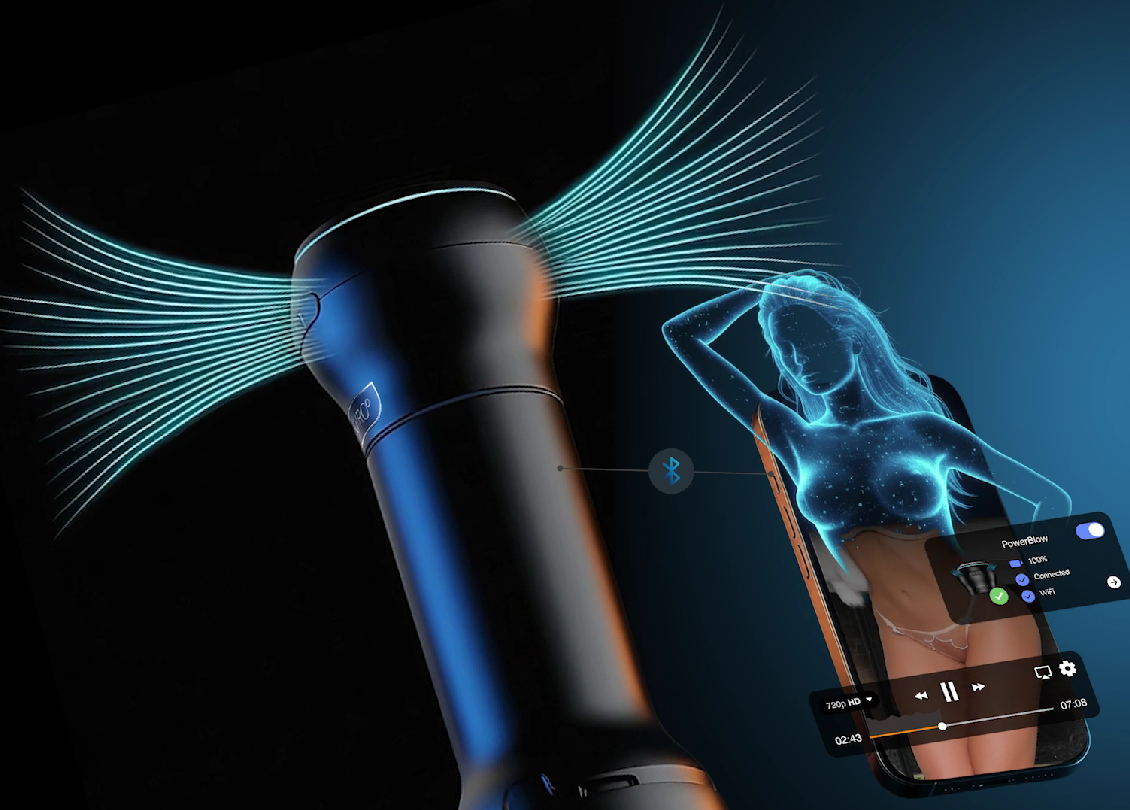 male masturbator device with blue light effects and a smartphone displaying app interface on a dark background