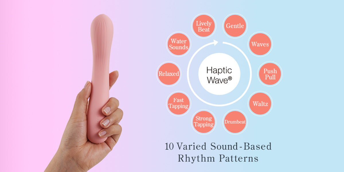 Hand holding a pink haptic wave device with sound-based rhythm pattern diagram on a gradient background