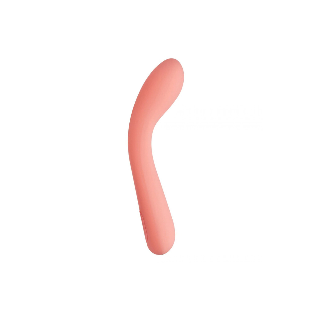 Pink curved dildo on a white background