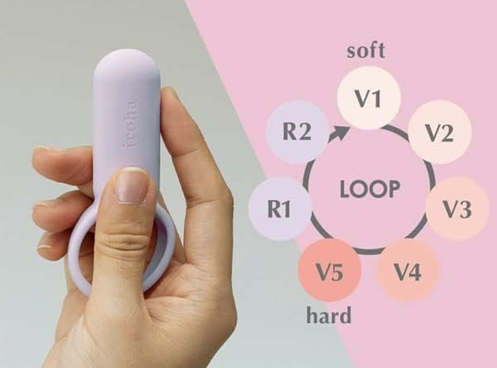 Hand holding a lilac sexual wellness device with a diagram in the background