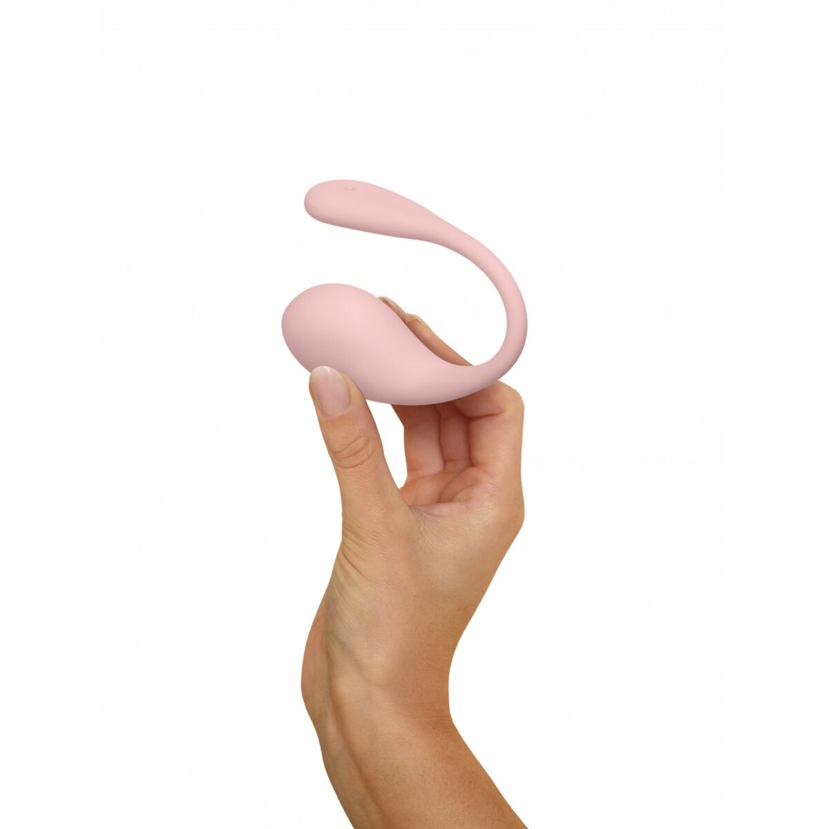 Pink handheld pleasure toy held by a hand on a white background