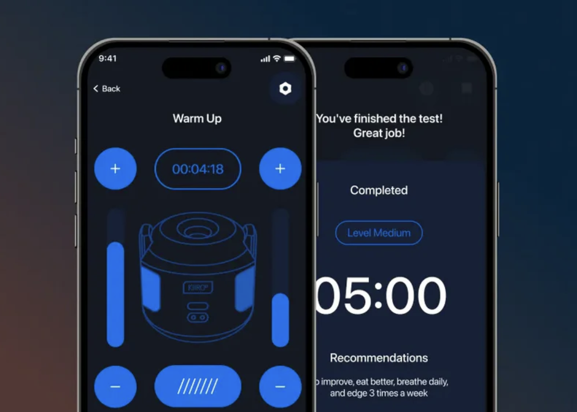 Two smartphone screens displaying a stamina training app with blue and black interface.