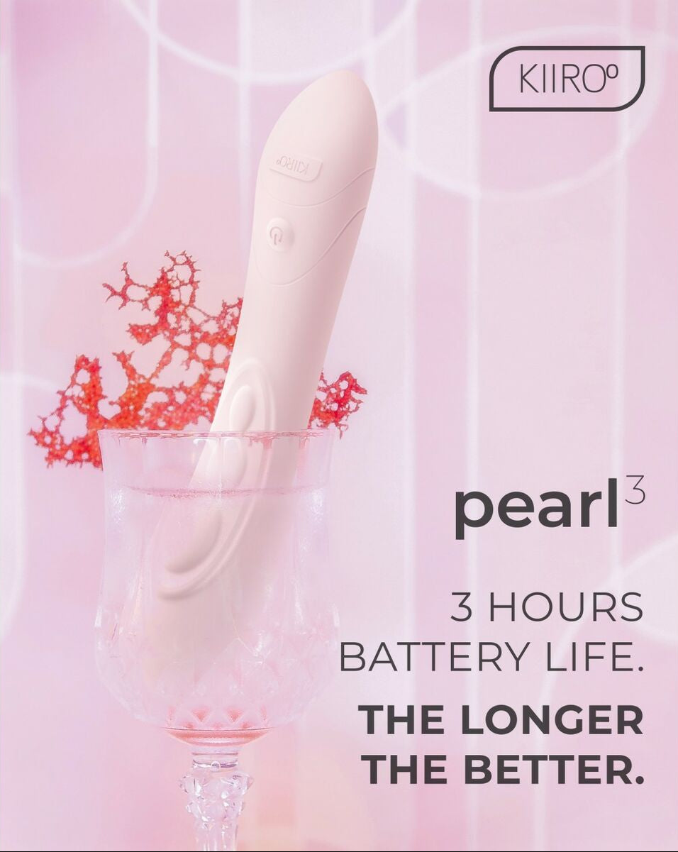 Product packaging for Kiiro pearl3 pleasure toy with text about battery life on a pink background