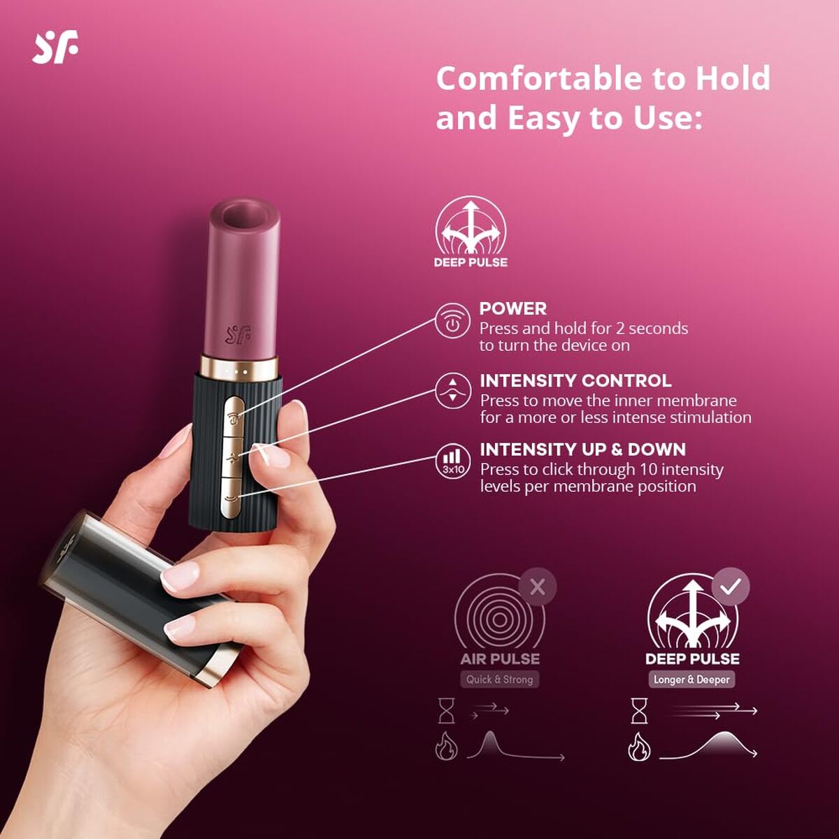 Hand holding a lipstick vibrator with user instructions on a purple background