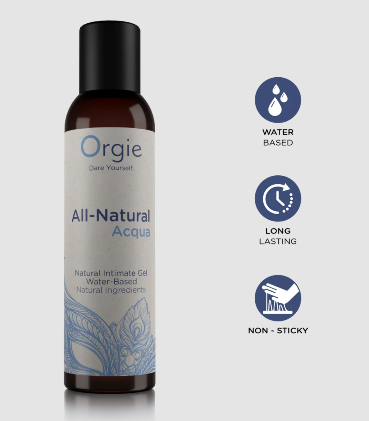 Bottle of Orgie All-Natural Acqua natural intimate gel with product features on a gray background
